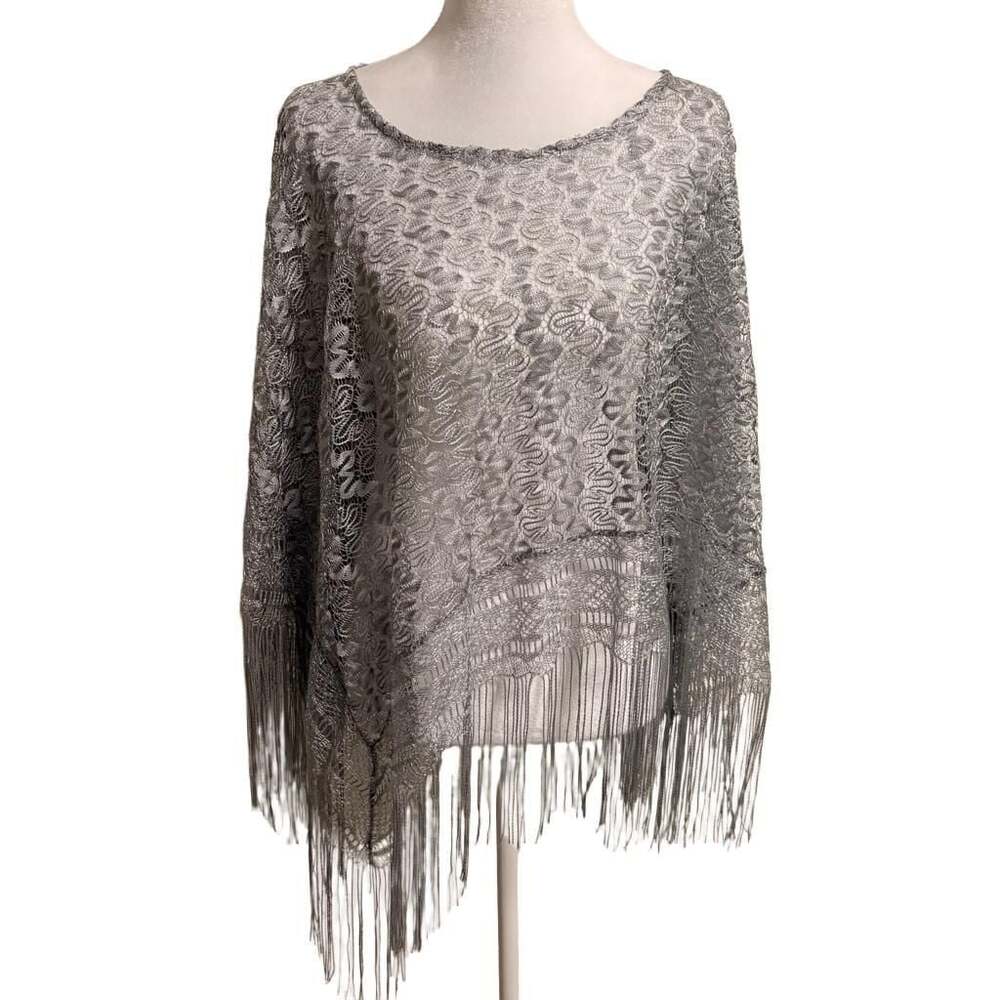 Metallic Silver Lace Fringe Poncho Cape Shawl Evening Wedding Y2K Festival OS
